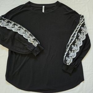 Emerald Black Long Sleeve Top with White Lace Detail